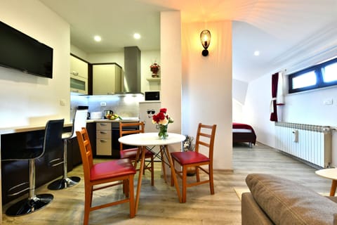 Superior Apartment (Studio 2) | Living area | 80-cm LED TV with satellite channels, TV, books