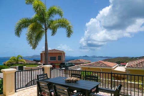 Outdoor dining area with black metal table and chairs, stone tile floor, palm tree, and ocean views beyond tiled rooftops.