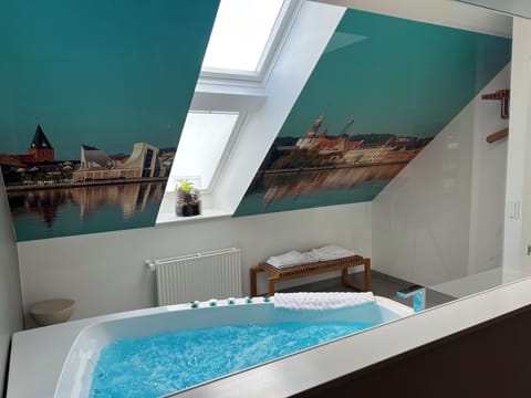 Shower, free toiletries, hair dryer, bathrobes