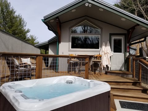 Winter view of private hot tub area.