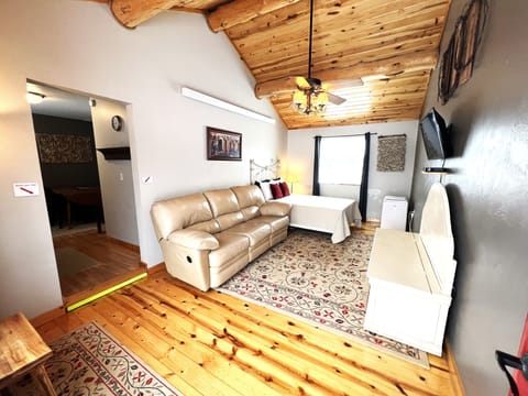 Living room with recliner couch, Full size bed and AC unit