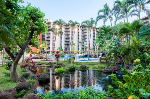 Multi-story building surrounded by lush tropical landscaping with palms, gardens, and a decorative pond, plus pool access visible in the background.