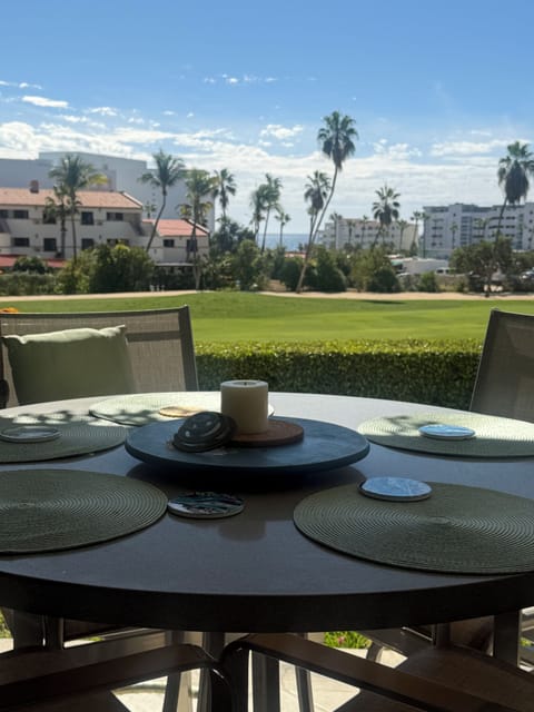 Back patio with peekaboo ocean view