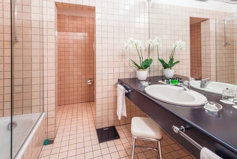 Combined shower/tub, free toiletries, hair dryer, bathrobes