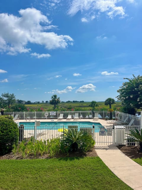 Stunning view of the marsh and pool from the living room and covered porch