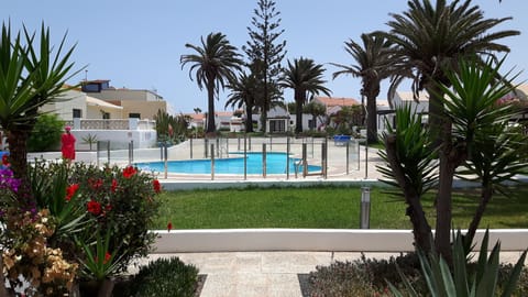 View of pool and gardens from patio