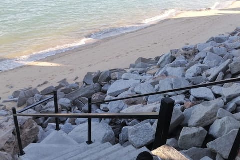 Walk down private stairs from Casa Habana in San Felipe BC straight to the sand — no streets to cross, just ocean access.