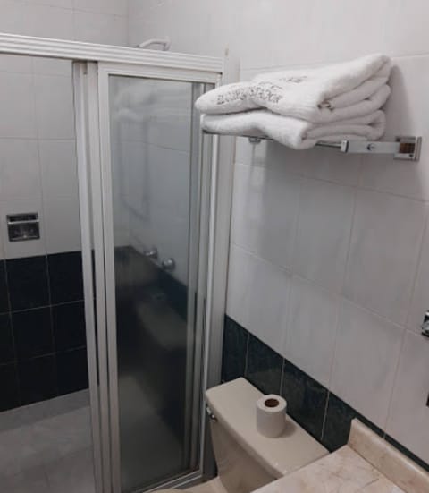 Shower, free toiletries, towels, soap