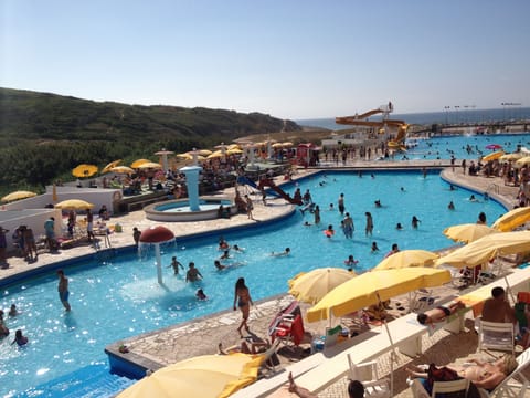Seasonal outdoor pool, pool umbrellas, sun loungers