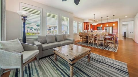 Fully stocked kitchen with bar seating for four