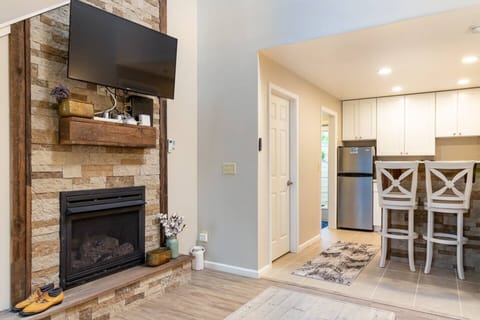 Living area with pull-out sofa bed, extra linens provided. Smart TV with Netflix, Disney+, Hulu