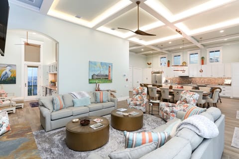 3rd Floor Living with Double Sofas, Recliners open to Kitchen & Bar.