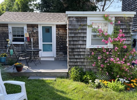 Deck and entrance. Bedroom window on the right.