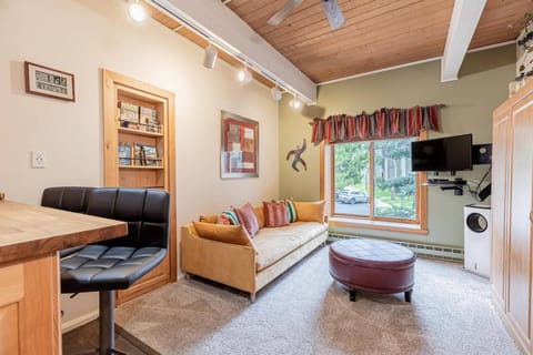 Charming studio living with a cozy seating area and a hidden Murphy bed for extra comfort and space.