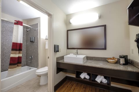 Combined shower/tub, free toiletries, hair dryer, towels