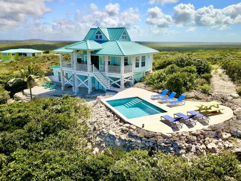 Aerial view with pool.
