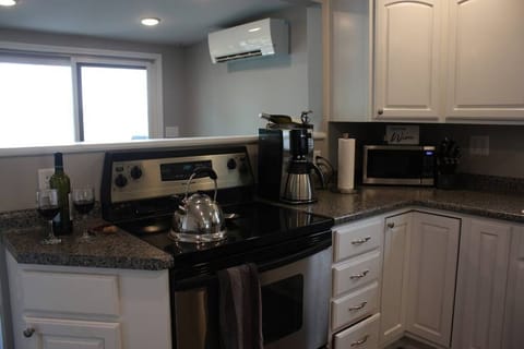 Kitchen overlooks the lake and is well stocked