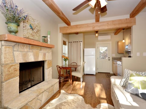 Looking at the backdoor and kitchen from the living area
