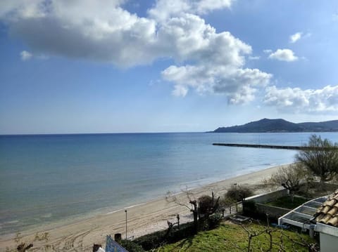 On the beach, sun loungers, beach umbrellas
