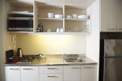 Fridge, microwave, coffee/tea maker, toaster