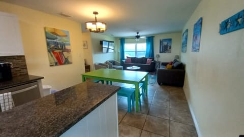 Kitchen, dining room, and living room