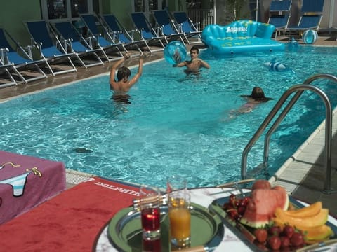 Seasonal outdoor pool, sun loungers