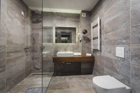 Hair dryer, towels, soap, shampoo