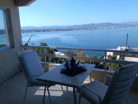 view from sitting room balcony over Corinth bay , city of Corinth and  Loutraki 