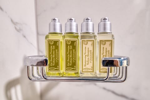 Shower, free toiletries, hair dryer, towels