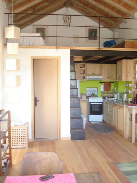 the kitchen and the attic with two extra beds