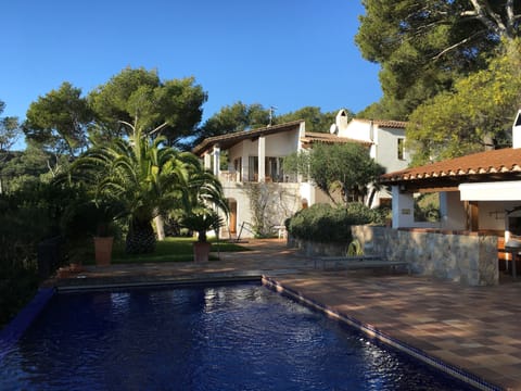 The pool and the pool-house to the right, and the Villa in the background