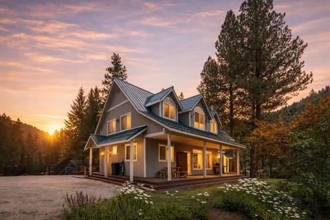 Charming mountain retreat surrounded by towering pines, featuring warm lighting and a welcoming covered porch perfect for morning coffee.