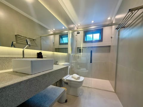 Superior Quadruple Room, Patio | Bathroom | Shower, hair dryer, towels, soap