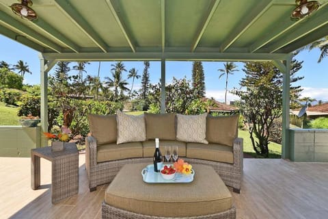 Relaxing outdoor lounge with cushioned seating and recliners.
Plus New outdoor dining table for 6