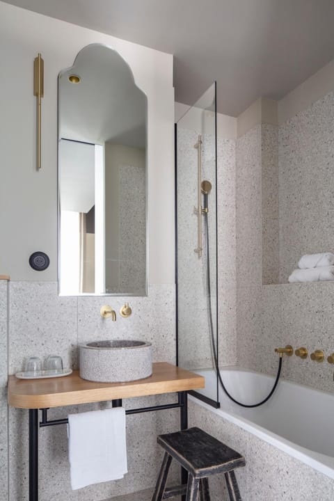 Hair dryer, slippers, towels, soap