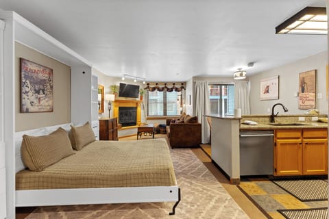Your cozy studio features a Murphy bed that folds away, creating an open living space with fireplace and full kitchen for ultimate comfort.