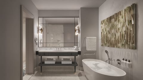 Separate tub and shower, deep soaking tub, rainfall showerhead