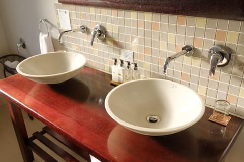 Shower, deep soaking tub, rainfall showerhead, designer toiletries