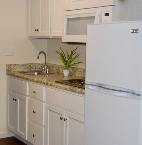 Full-size fridge, stovetop, coffee/tea maker