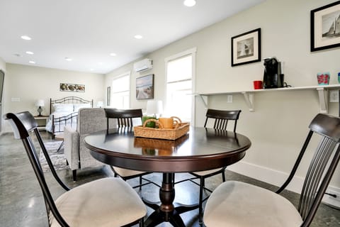 kitchenette/dining area on 1st floor, Keurig coffee maker, toaster, mini fridge