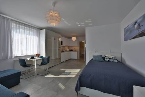 A stylish studio living area with a cozy sofa, a small dining table, and large windows that allow plenty of natural light, giving a bright and open feel.