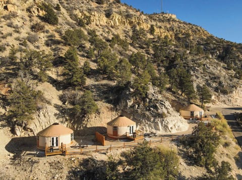 Scenic yurt views tucked into the East Zion hillside, surrounded by peaceful Southern Utah scenery near Zion National Park and Bryce Canyon.