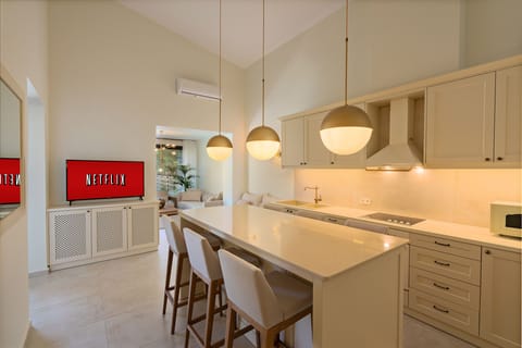 Fully equipped kitchen with breakfast counter.