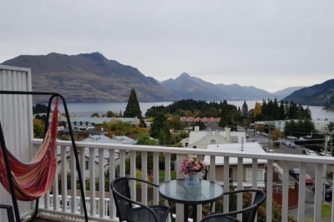 Balcony overlooking lake and town