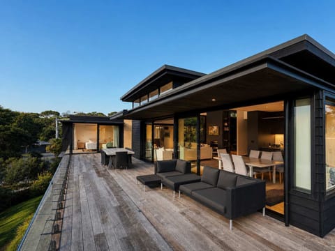 Covered outdoor entertaining deck.