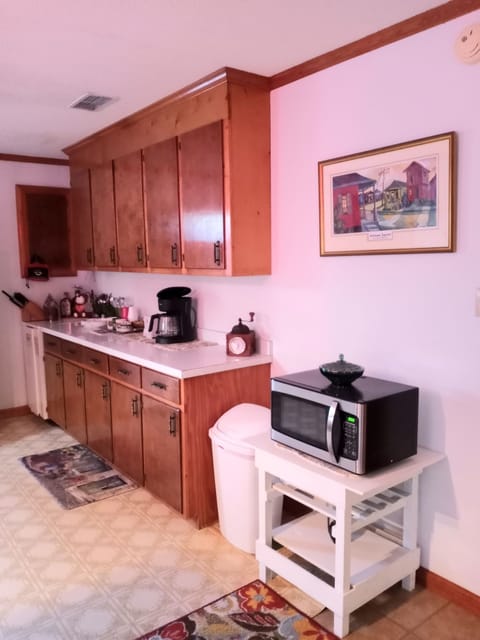 Coffee maker, filters. microwave & plenty of counter space 