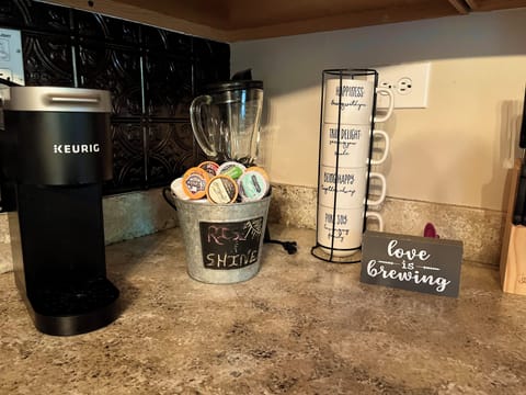 Keurig & pods available. We also have a carafe pot in the corner cupboard.