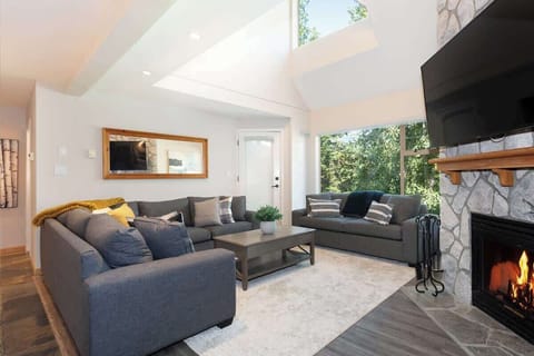 - Bright living room with forest views through wide skylights  
- Plush seating and fireplace create the perfect cozy retreat  
- Relax after skiing surrounded by mountain-inspired décor  