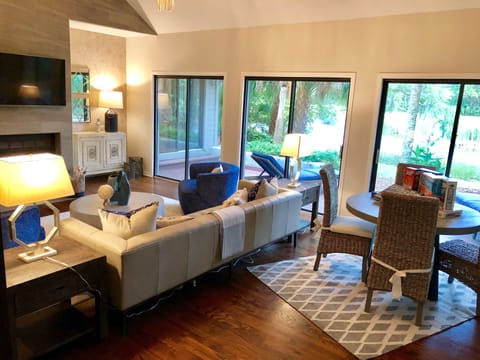 Family room with lagoon and golf course view