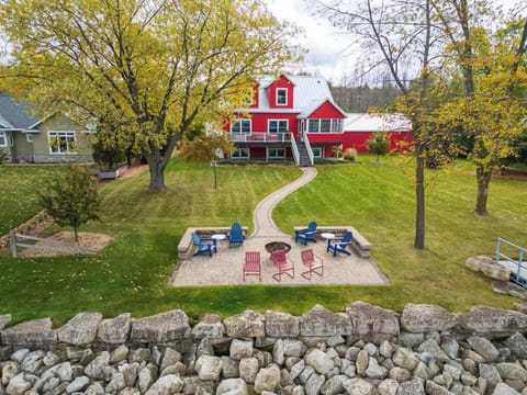 Large patio on the water with fire pit